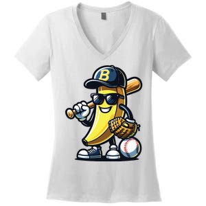 Banana Playing Baseball Fruit Lover Baseball Player Women's V-Neck T-Shirt