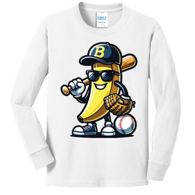 Banana Playing Baseball Fruit Lover Baseball Player Kids Long Sleeve Shirt