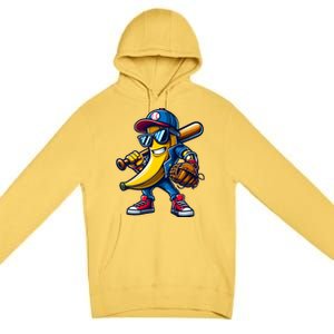 Banana Playing Baseball Fruit Lover Funny Baseball Player Gift Premium Pullover Hoodie