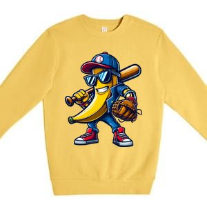 Banana Playing Baseball Fruit Lover Funny Baseball Player Gift Premium Crewneck Sweatshirt