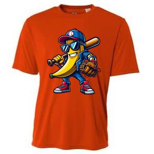 Banana Playing Baseball Fruit Lover Funny Baseball Player Gift Cooling Performance Crew T-Shirt