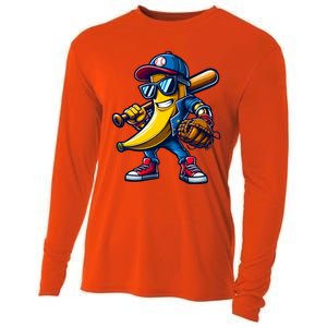 Banana Playing Baseball Fruit Lover Funny Baseball Player Gift Cooling Performance Long Sleeve Crew