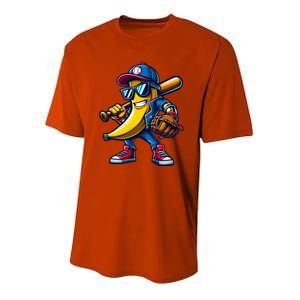 Banana Playing Baseball Fruit Lover Funny Baseball Player Gift Youth Performance Sprint T-Shirt