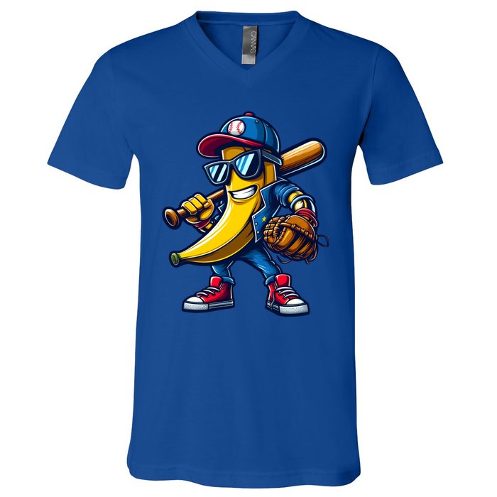 Banana Playing Baseball Fruit Lover Funny Baseball Player Gift V-Neck T-Shirt