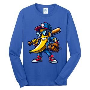 Banana Playing Baseball Fruit Lover Funny Baseball Player Gift Tall Long Sleeve T-Shirt