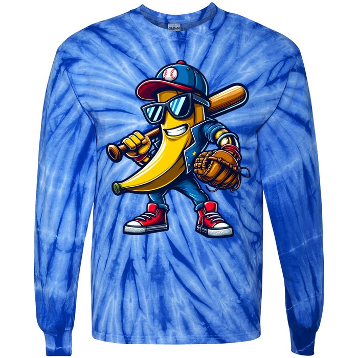 Banana Playing Baseball Fruit Lover Funny Baseball Player Gift Tie-Dye Long Sleeve Shirt