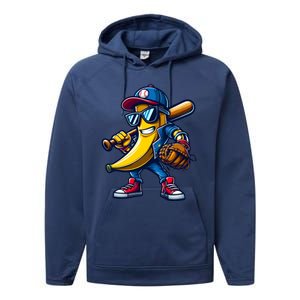 Banana Playing Baseball Fruit Lover Funny Baseball Player Gift Performance Fleece Hoodie