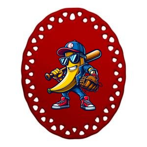 Banana Playing Baseball Fruit Lover Funny Baseball Player Gift Ceramic Oval Ornament