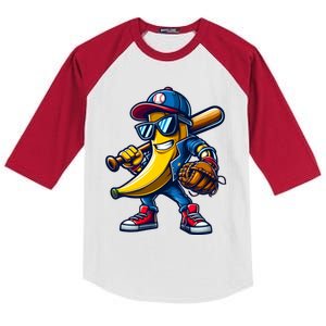 Banana Playing Baseball Fruit Lover Funny Baseball Player Gift Kids Colorblock Raglan Jersey