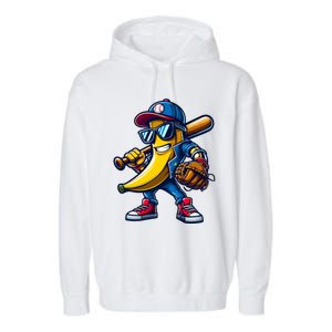 Banana Playing Baseball Fruit Lover Funny Baseball Player Gift Garment-Dyed Fleece Hoodie