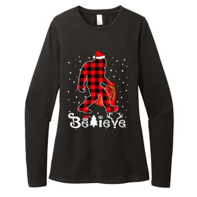 Buffalo Plaid Believe Bigfoot Santa Hat Christmas Funny Funny Womens CVC Long Sleeve Shirt