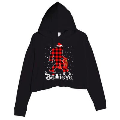 Buffalo Plaid Believe Bigfoot Santa Hat Christmas Funny Funny Crop Fleece Hoodie