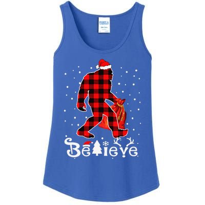 Buffalo Plaid Believe Bigfoot Santa Hat Christmas Funny Funny Ladies Essential Tank