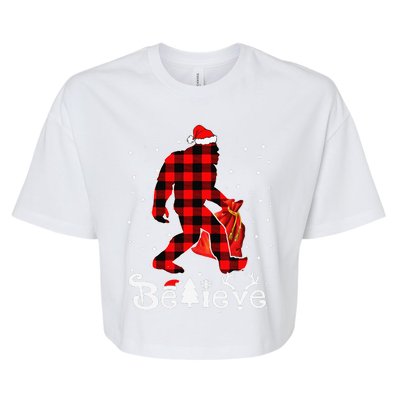 Buffalo Plaid Believe Bigfoot Santa Hat Christmas Funny Funny Bella+Canvas Jersey Crop Tee