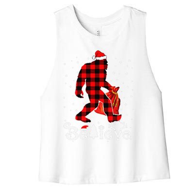 Buffalo Plaid Believe Bigfoot Santa Hat Christmas Funny Funny Women's Racerback Cropped Tank