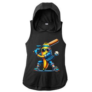 Banana Playing Baseball Fruit Lover Baseball Player Ladies PosiCharge Tri-Blend Wicking Draft Hoodie Tank