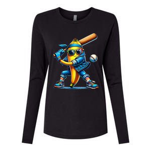 Banana Playing Baseball Fruit Lover Baseball Player Womens Cotton Relaxed Long Sleeve T-Shirt