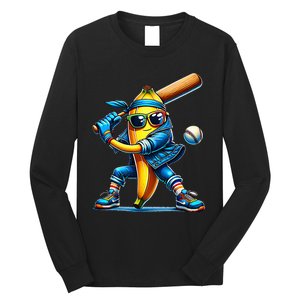 Banana Playing Baseball Fruit Lover Baseball Player Long Sleeve Shirt