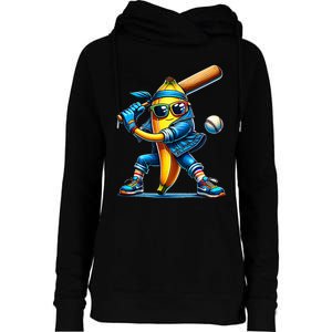 Banana Playing Baseball Fruit Lover Baseball Player Womens Funnel Neck Pullover Hood