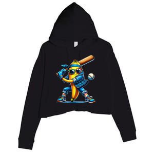 Banana Playing Baseball Fruit Lover Baseball Player Crop Fleece Hoodie