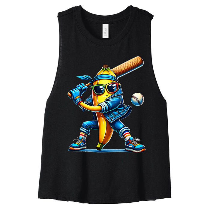 Banana Playing Baseball Fruit Lover Baseball Player Women's Racerback Cropped Tank