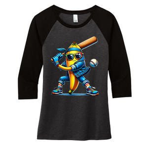 Banana Playing Baseball Fruit Lover Baseball Player Women's Tri-Blend 3/4-Sleeve Raglan Shirt