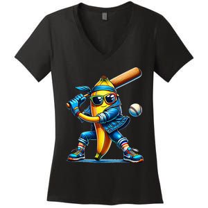 Banana Playing Baseball Fruit Lover Baseball Player Women's V-Neck T-Shirt