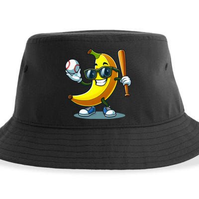 Banana Playing Baseball Fruit Lover Baseball Player Banana Sustainable Bucket Hat