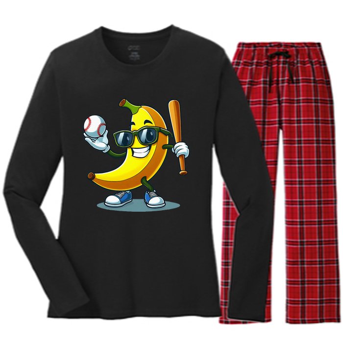 Banana Playing Baseball Fruit Lover Baseball Player Banana Women's Long Sleeve Flannel Pajama Set 