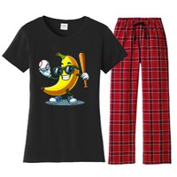 Banana Playing Baseball Fruit Lover Baseball Player Banana Women's Flannel Pajama Set