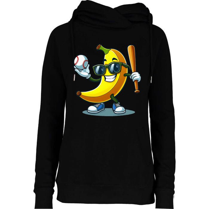 Banana Playing Baseball Fruit Lover Baseball Player Banana Womens Funnel Neck Pullover Hood