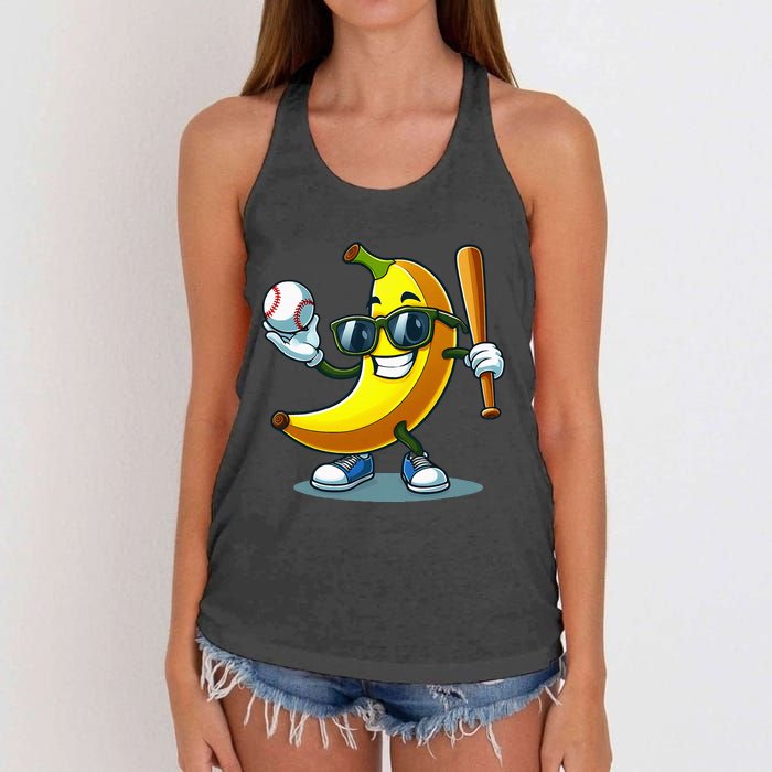 Banana Playing Baseball Fruit Lover Baseball Player Banana Women's Knotted Racerback Tank