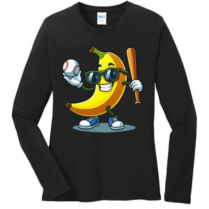 Banana Playing Baseball Fruit Lover Baseball Player Banana Ladies Long Sleeve Shirt