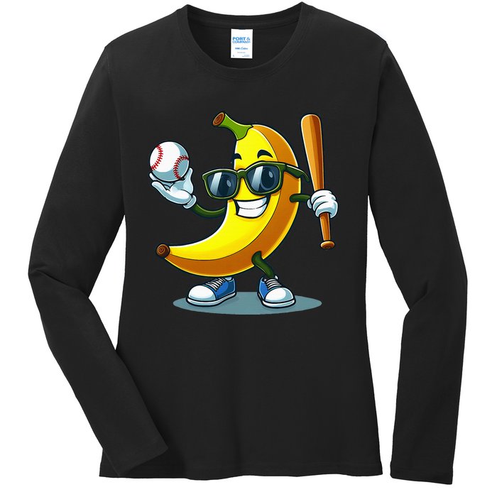 Banana Playing Baseball Fruit Lover Baseball Player Banana Ladies Long Sleeve Shirt