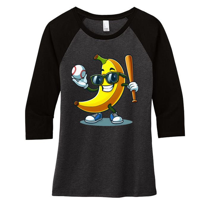 Banana Playing Baseball Fruit Lover Baseball Player Banana Women's Tri-Blend 3/4-Sleeve Raglan Shirt