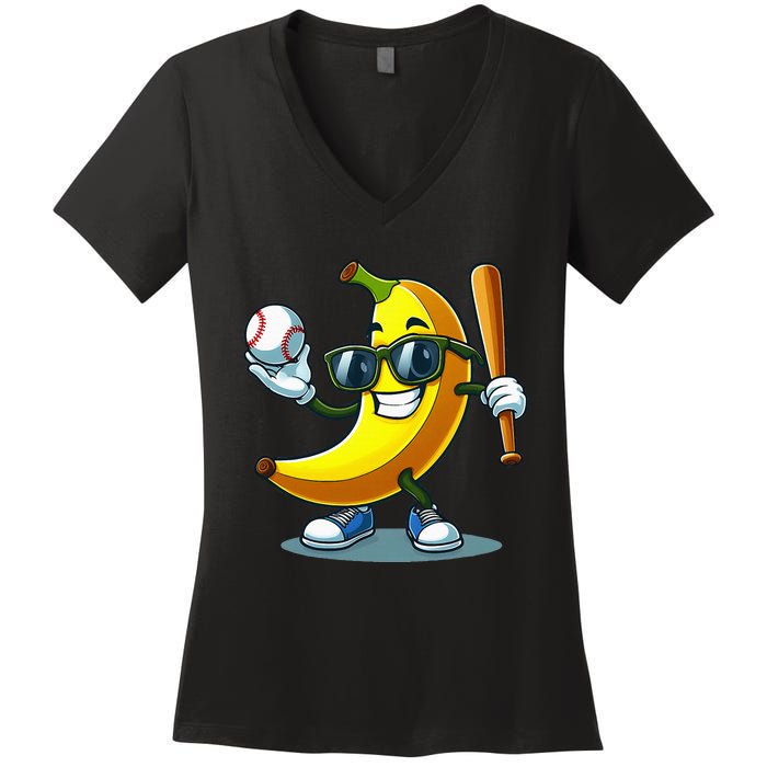 Banana Playing Baseball Fruit Lover Baseball Player Banana Women's V-Neck T-Shirt