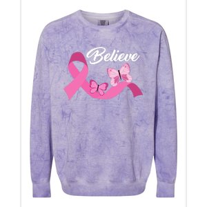 Believe Pink Butterfly Ribbon Breast Cancer Colorblast Crewneck Sweatshirt