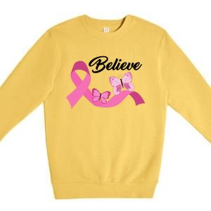 Believe Pink Butterfly Ribbon Breast Cancer Premium Crewneck Sweatshirt