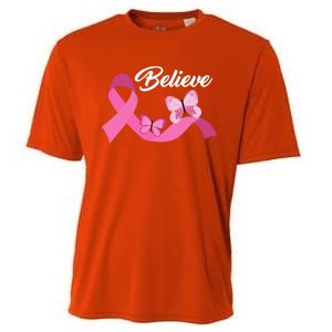 Believe Pink Butterfly Ribbon Breast Cancer Cooling Performance Crew T-Shirt