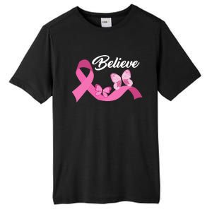 Believe Pink Butterfly Ribbon Breast Cancer Tall Fusion ChromaSoft Performance T-Shirt