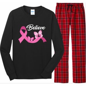 Believe Pink Butterfly Ribbon Breast Cancer Long Sleeve Pajama Set