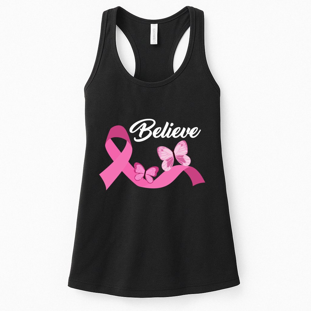 Believe Pink Butterfly Ribbon Breast Cancer Womens Tank Top