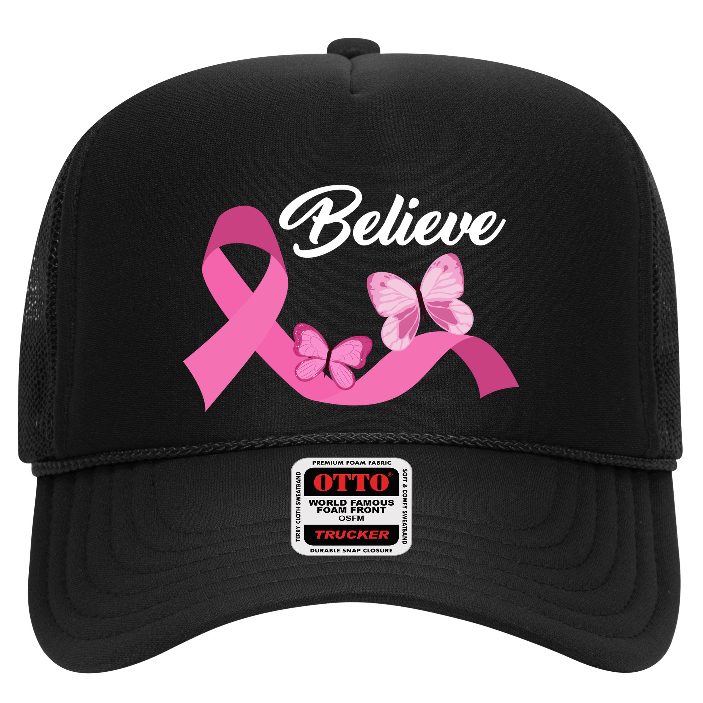 Believe Pink Butterfly Ribbon Breast Cancer Hat