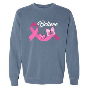 Believe Pink Butterfly Ribbon Breast Cancer Garment-Dyed Sweatshirt