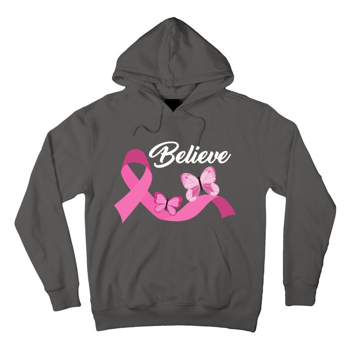 Believe Pink Butterfly Ribbon Breast Cancer Hoodie