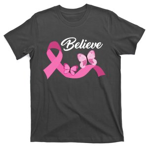 Believe Pink Butterfly Ribbon Breast Cancer T-Shirt