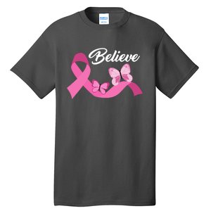 Believe Pink Butterfly Ribbon Breast Cancer Tall T-Shirt