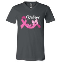 Believe Pink Butterfly Ribbon Breast Cancer V-Neck T-Shirt