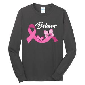 Believe Pink Butterfly Ribbon Breast Cancer Tall Long Sleeve T-Shirt