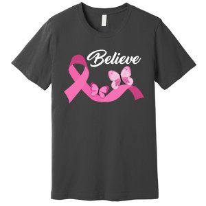 Believe Pink Butterfly Ribbon Breast Cancer Premium T-Shirt